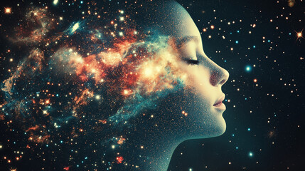 Cosmic Consciousness: A serene female profile merges with a vibrant nebula, symbolizing the boundless expanse of the human mind and the mysteries of the universe. The image evokes a sense of wonder.