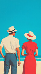 Couple at beach, wearing hats, enjoying sunny day by ocean waves