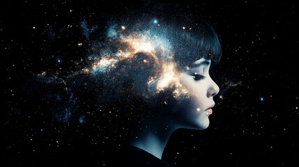 Cosmic Girl: A surreal portrait of a young girl, her mind seemingly exploding with a vibrant nebula of stars and cosmic energy, creating a captivating image of imagination and limitless potential. 
