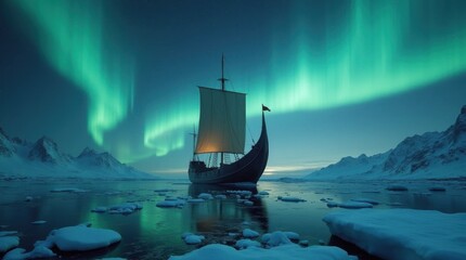 Viking Longship in Icy Waters Under the Aurora Borealis