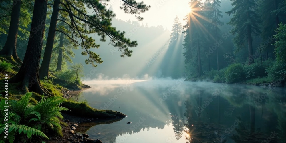Poster serene morning mist over a tranquil lake nestled within a dense, ancient forest, sunlight filtering 