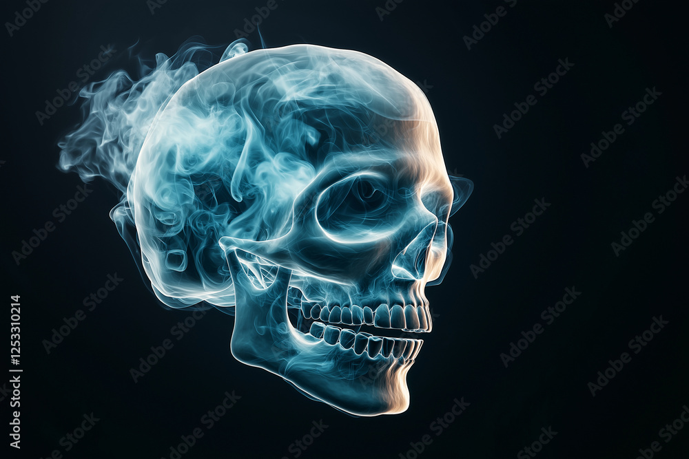 Poster photorealistic skull with ethereal smoke swirling around it, creating captivating and mysterious atm