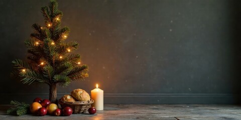 A Festive Winter Still Life with Miniature Illuminated Tree, Baked Goods, and a Burning Candle