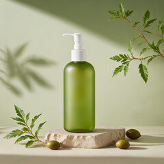 Green Glass Spray Bottle with Olives and Olive Branch on a Stone Base
