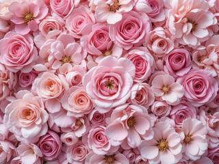 A stunning floral background featuring delicate pink roses and peonies in soft pastel hues. Perfect for romantic designs, wedding invitations, and elegant decorative projects.