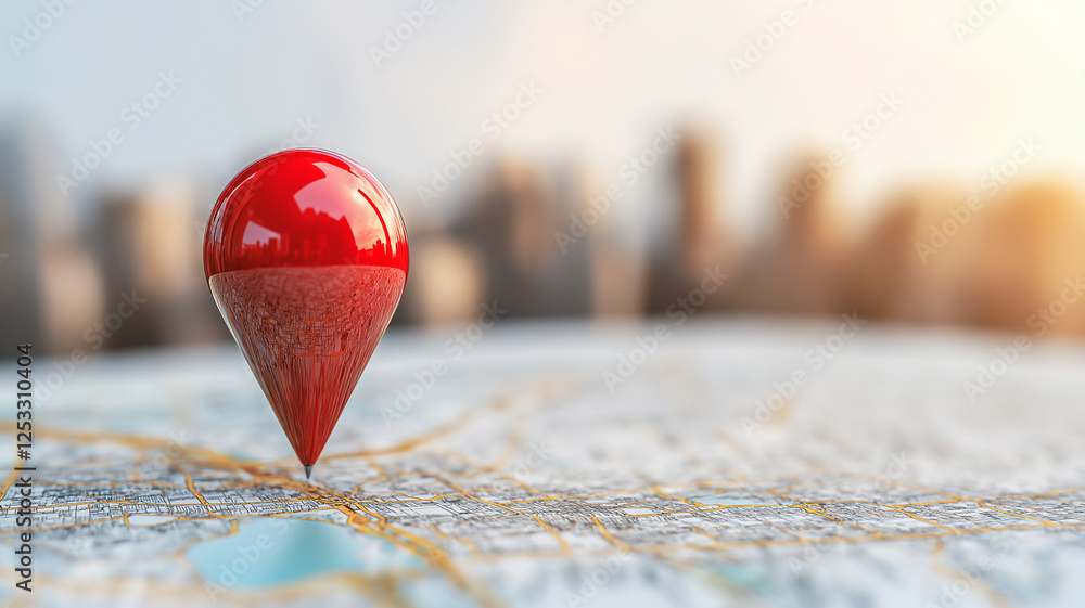 Poster red location pin icon on city map symbolizes new destination, highlighting importance of navigation 