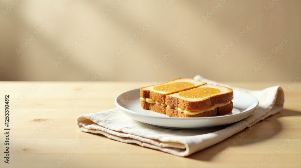 Poster golden sweet treat toasted bread slices with creamy filling and honey glaze on a simple table settin