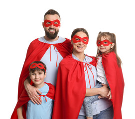 Parents and their children wearing superhero costumes on white background