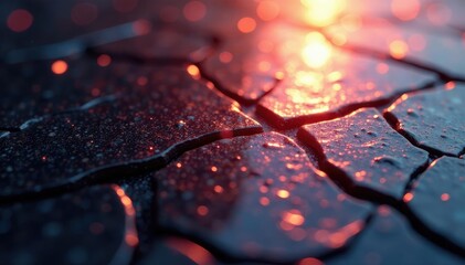 Cracked surface reflects distorted light rays, shattered, shimmering, shards