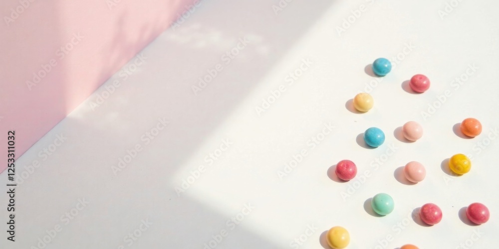Poster pastel-colored spheres arranged on a dual-toned surface, bathed in sunlight creating soft shadows