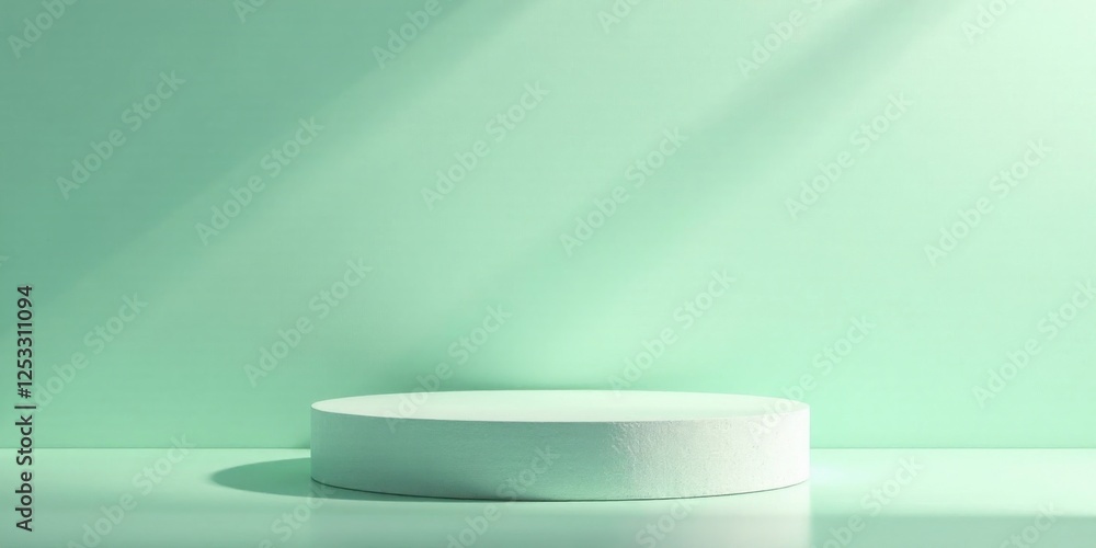 Poster A serene minimalist platform for product display, bathed in soft light against a pastel backdrop