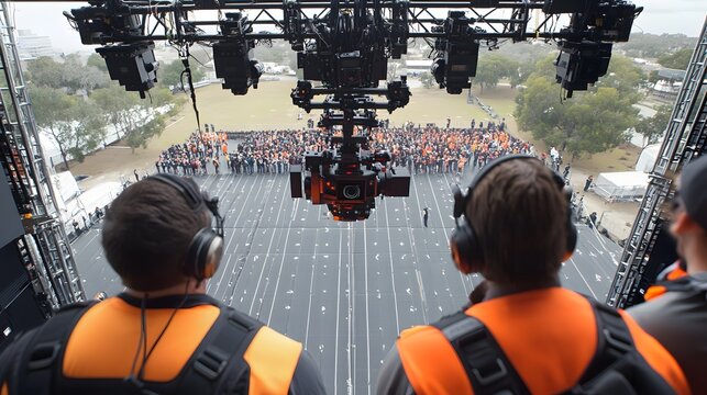 Drone Capturing Outdoor Event With Crew Coordinating Shoot From Below