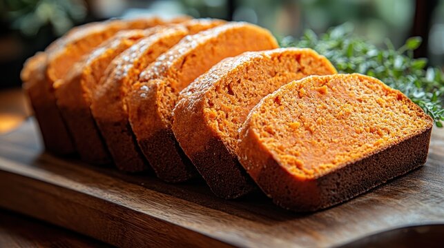 Sliced pumpkin bread loaf on wooden board, garnished with thyme