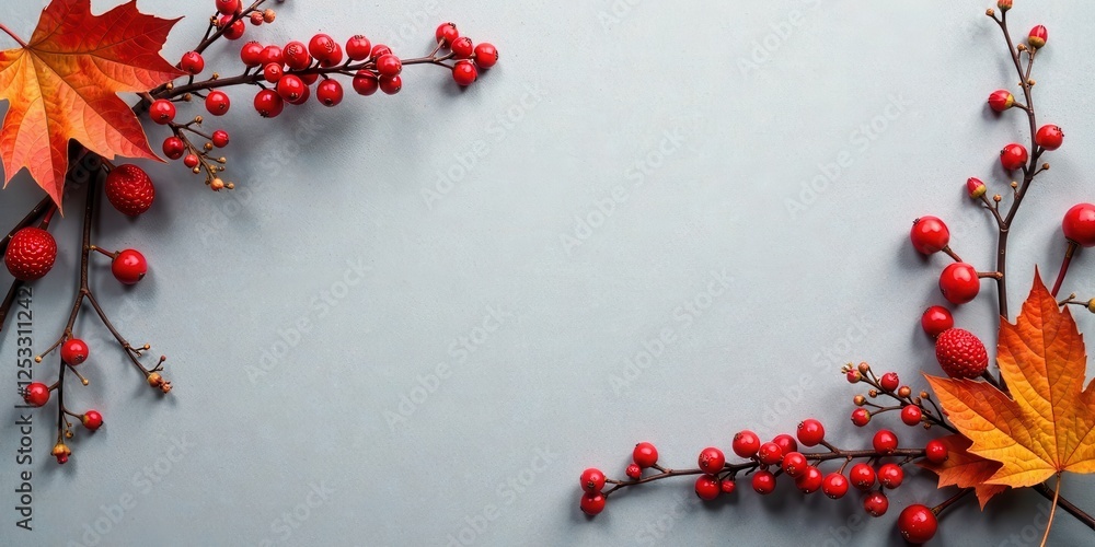 Poster autumnal design featuring red berries and maple leaves on a gray background
