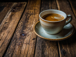 Obraz premium Rustic wooden background with a coffee cup for a peaceful break.