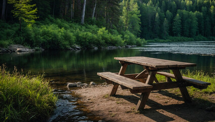 Fototapeta premium Rustic wooden picnic table by a calm river in a scenic forest.