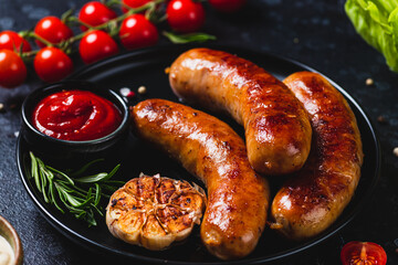 Fried sausages with vegetables and garlic