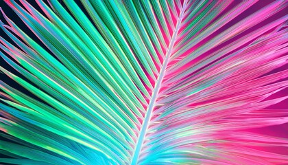 bright mint and green holographic neon colored abstract palm leaves on pink background with interlaced digital motion glitch effect 90s night club jungle beach summer party retro style flyer template