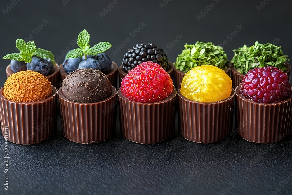 Poster assorted chocolate cups filled with colorful fruit and toppings sit in a row on a dark background of