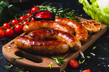 Fried sausages with vegetables and garlic