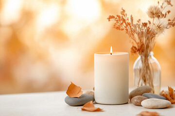 scented candle in white jar surrounded by stones and dried flowers creates warm, inviting atmosphere. soft glow of flame adds cozy touch to serene setting