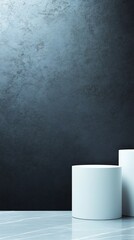 Elegant white cylindrical platforms subtly illuminated against a dark textured backdrop. AI Generated