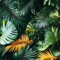 Lush Green Tropical Leaves with Vibrant Yellow Accents in Nature