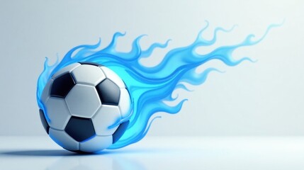 Fototapeta premium A blazing soccer ball, engulfed in icy blue flames, symbolizes intense competition and unwavering passion in the world of sports