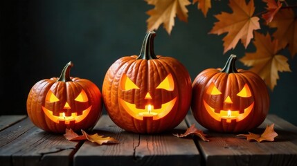 Illuminated autumn gourds with carved faces, glowing from within, rest on rustic wood among fallen leaves. A whimsical fall scene.