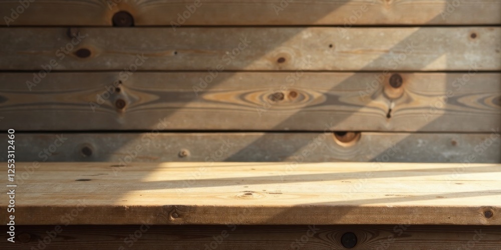 Aufkleber Sunlit Wooden Tabletop Against Rustic Plank Backdrop, Perfect for Product Display or Rustic Background Designs