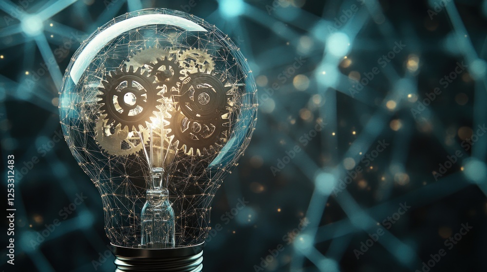 Poster illuminated lightbulb containing interlocking gears representing innovation