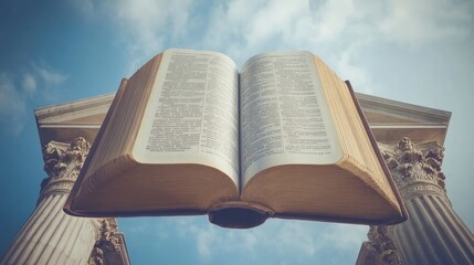 Ancient Book Open Against Classical Columns Sky Background
