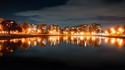 Fototapeta premium Glowing City Skyline Reflected on Calm Waterfront at Dusk