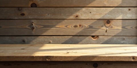 Sunlit Wooden Tabletop Against Rustic Plank Backdrop, Perfect for Product Display or Rustic Background Designs