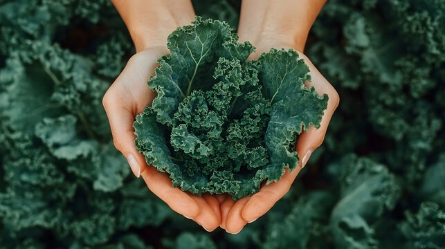 Hands holding kale in a field; healthy food