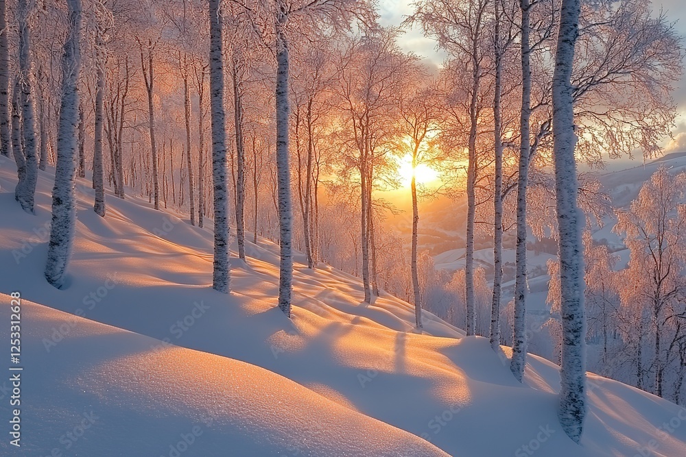 Aufkleber winter sunlight filters through frosted trees casting long shadows on a snow-covered slope creating 