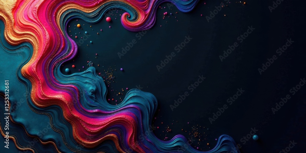 Poster abstract colorful swirling paint textures with scattered beads on dark background, ideal for artisti