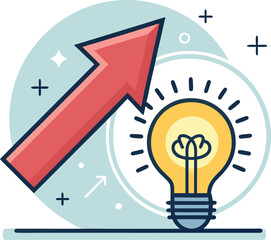 Stylized graphic illustration, bright yellow light bulb, red upward arrow, growth concept, innovation icon, creative idea symbol, minimalist design, flat color style, blue background, white sparkle