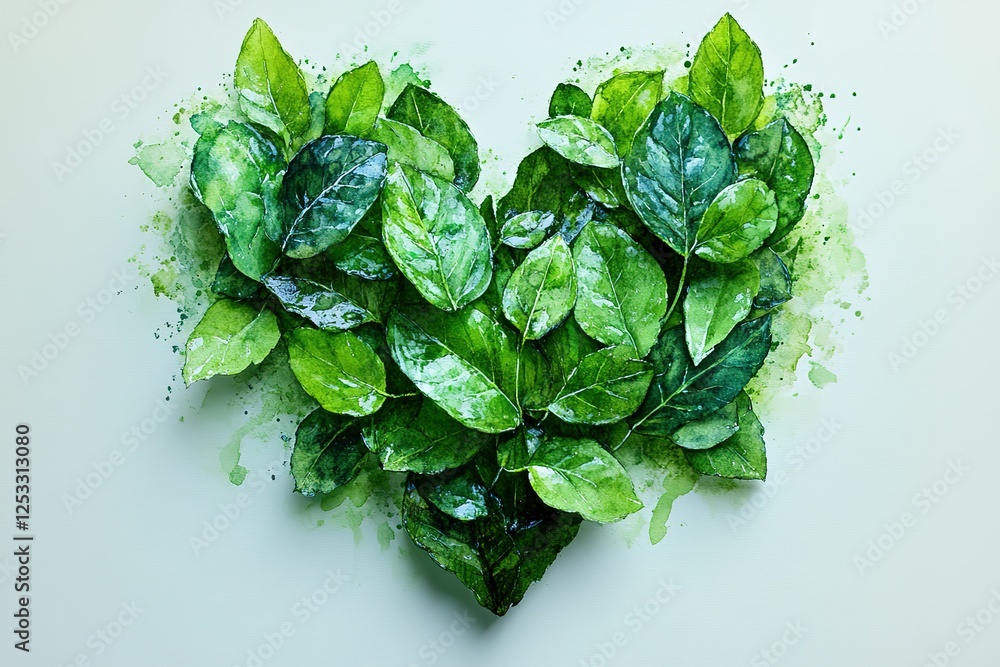 Poster leaves forming a heart shape against a soft background creating a natural and organic expression of 