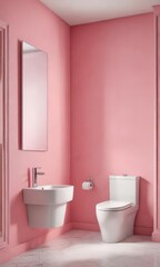 Hip bathroom with white toilet and pink backdrop, contemporary style, vintage, chic, retro