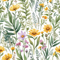 Wild flowers watercolor seamless pattern botanical hand drawn illustration
