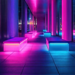Neon-lit city walkway, benches, night scene, urban design
