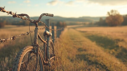 Naklejka premium Bicycle against rustic fence serene countryside landscape peaceful evening light wide angle nature's beauty captured in tranquil setting