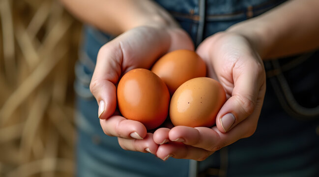 A person holds three brown eggs in their hands against a rustic background, showcasing a natural and farm-fresh ambiance