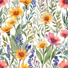 Wild flowers watercolor seamless pattern botanical hand drawn illustration
