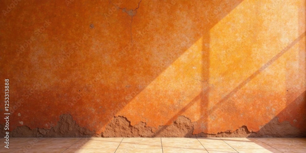 Poster Sunlit Ochre Wall with Aged Plaster and Tiled Floor, Showing Rustic Texture and Light Patterns