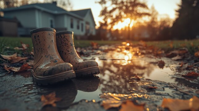 Child's play in rainy weather colorful rubber boots amidst autumn leaves and puddles family home backyard outdoor adventure warm sunset glow captivating childhood joy - Powered by Adobe