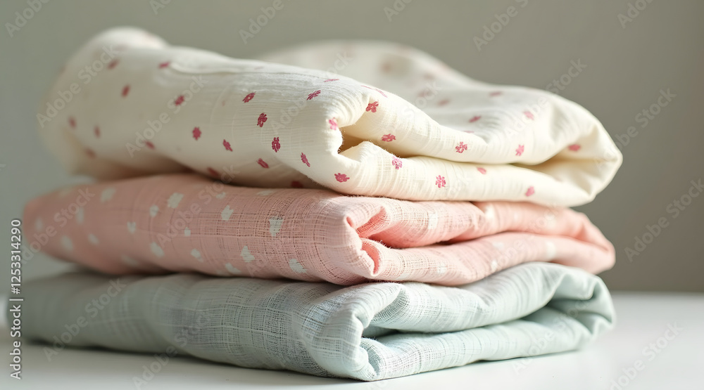 Aufkleber soft, folded muslin cloths in pastel colors stacked neatly with delicate patterns creating a warm an