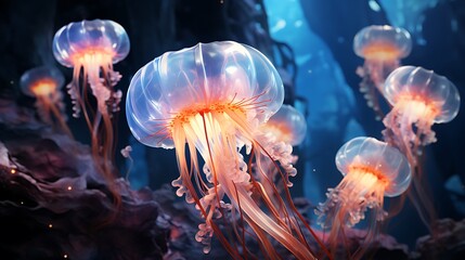 Obraz premium A cluster of jellyfish gracefully moving in crystal-clear water with soft blue lighting.