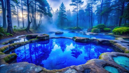 Indigo slime pools on a rocky outcropping in a misty forest environment, mysterious, ancient, moss, indigo, vines